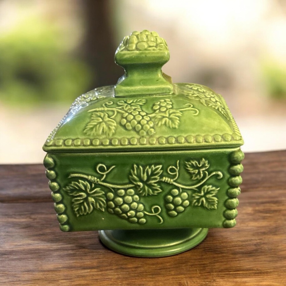 Vintage 1950s Enesco Japan Green Lidded Trinket Dish Glazed Ceramic